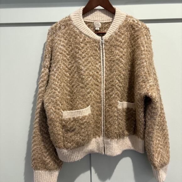 A New Day Sweater Womens Large Beige Tan Zip Up Textured Cardigan Pockets - Picture 1 of 11